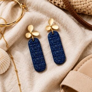 Elegant Navy Blue Textured Drop Earrings with Gold Floral Stud